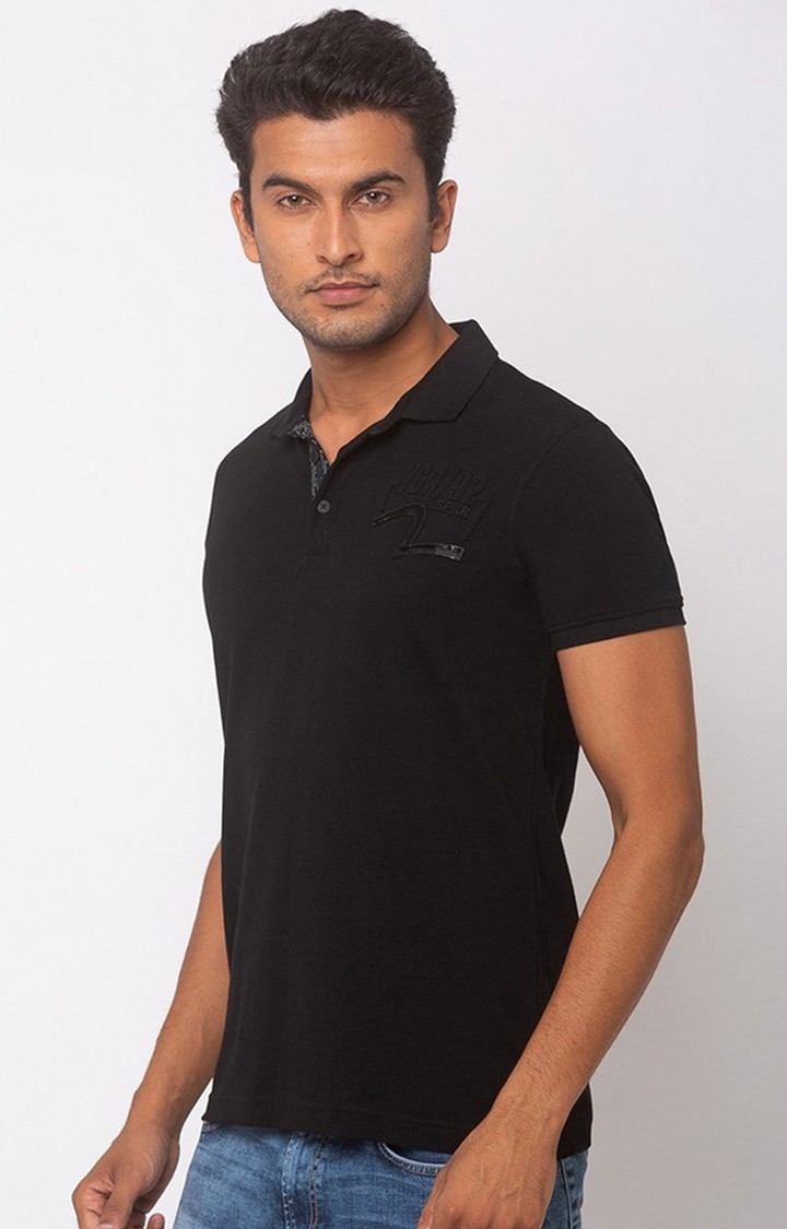 Spykar Black Cotton Slim Fit Polos T-Shirt For Men