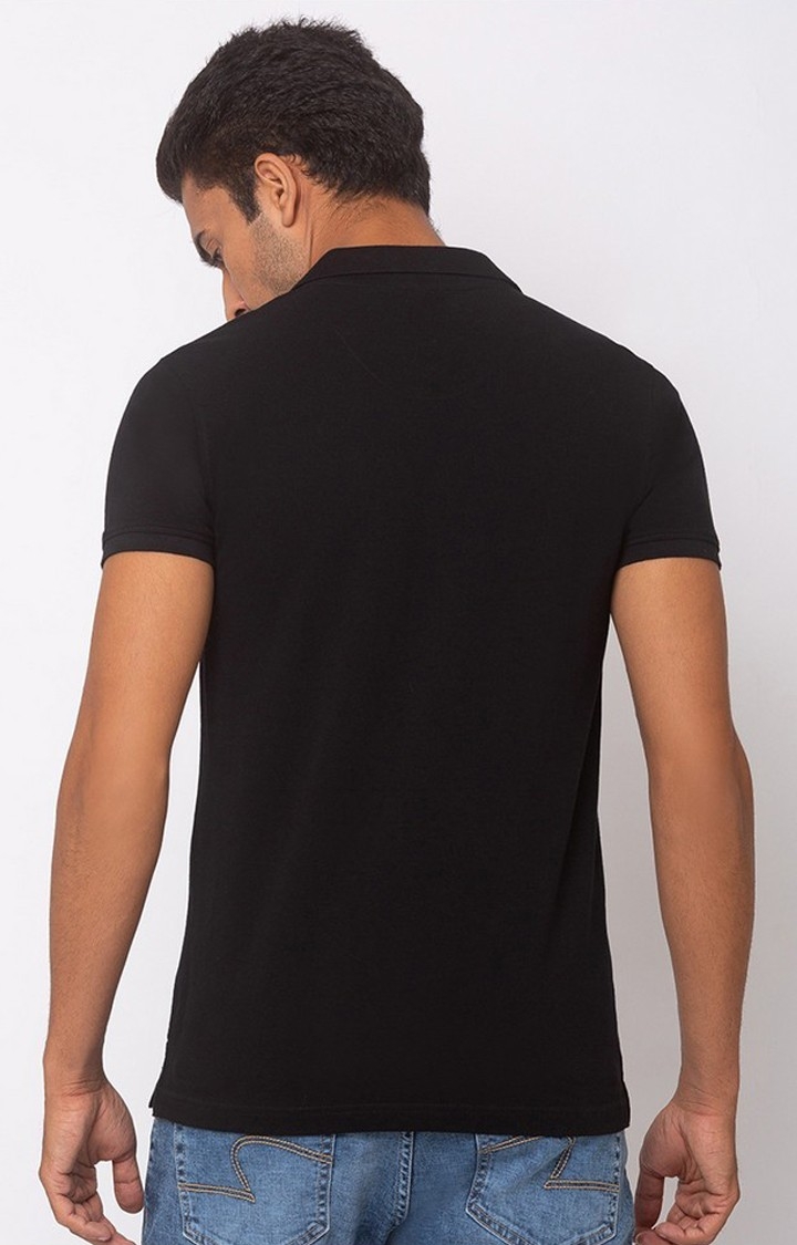 Spykar Black Cotton Slim Fit Polos T-Shirt For Men