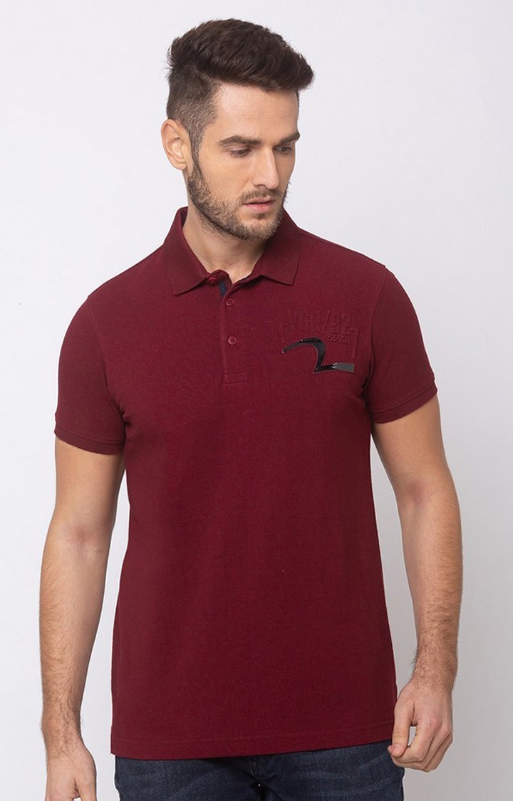 Spykar Red Cotton Slim Fit Polo T-Shirt For Men
