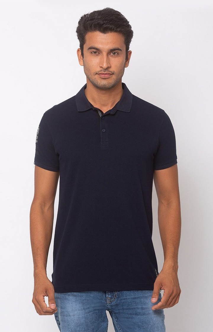 Spykar | Spykar Blue Cotton Slim Fit Polo T-Shirt For Men
