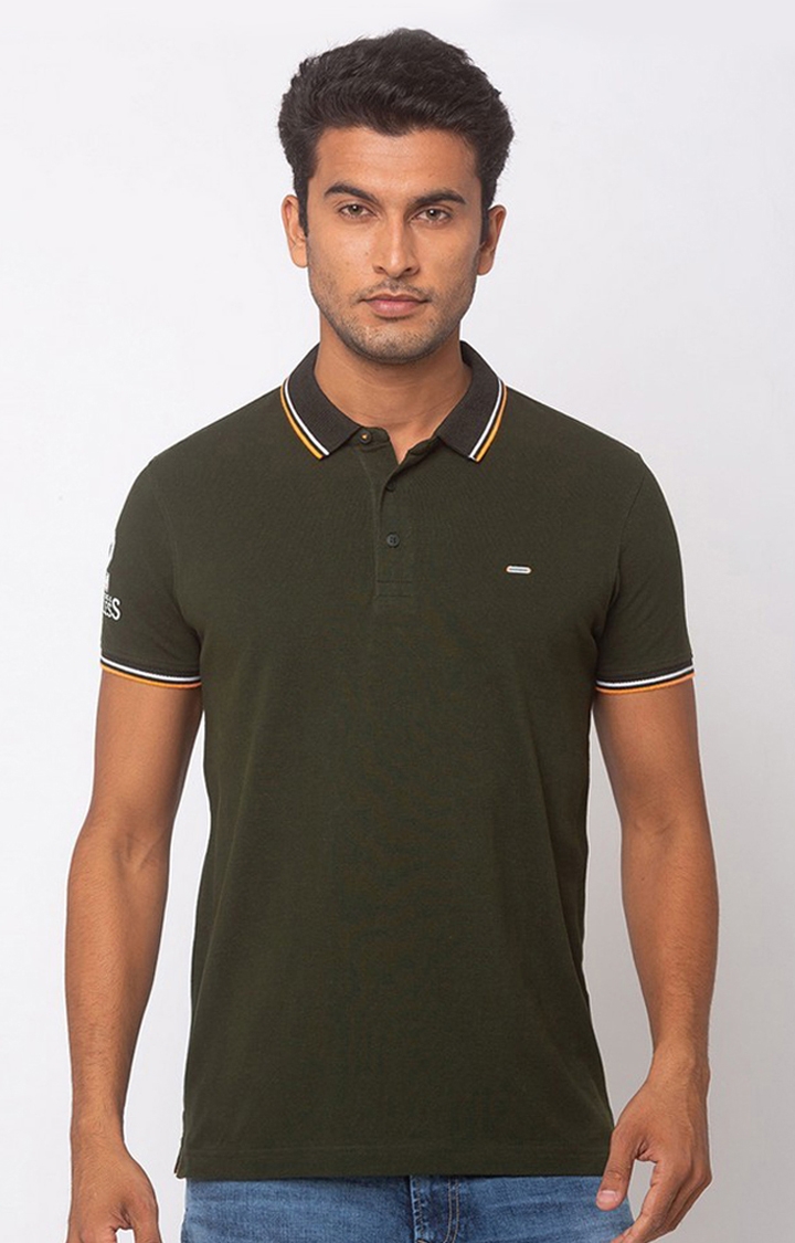 Spykar | Spykar Green Cotton Slim Fit Polo T-Shirt For Men