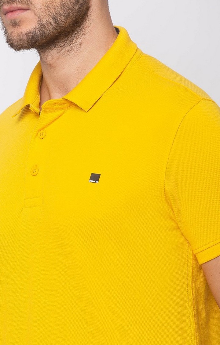 Spykar Chrome Yellow Solid Cotton Slim Fit Polo T-Shirt