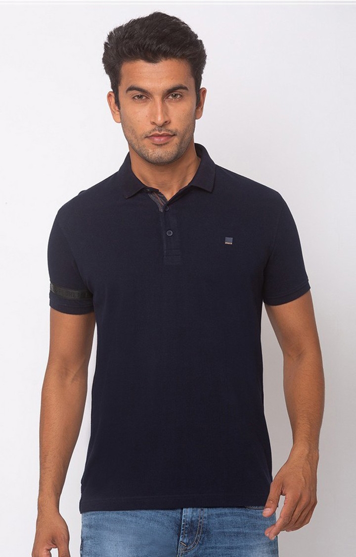 Spykar Navy Blue Solid Cotton Slim Fit Polo T-Shirt