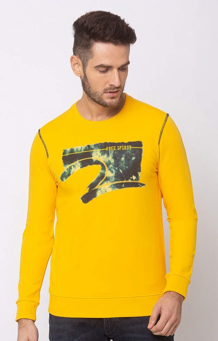 Spykar Yellow Cotton Slim Fit Sweatshirt For Men