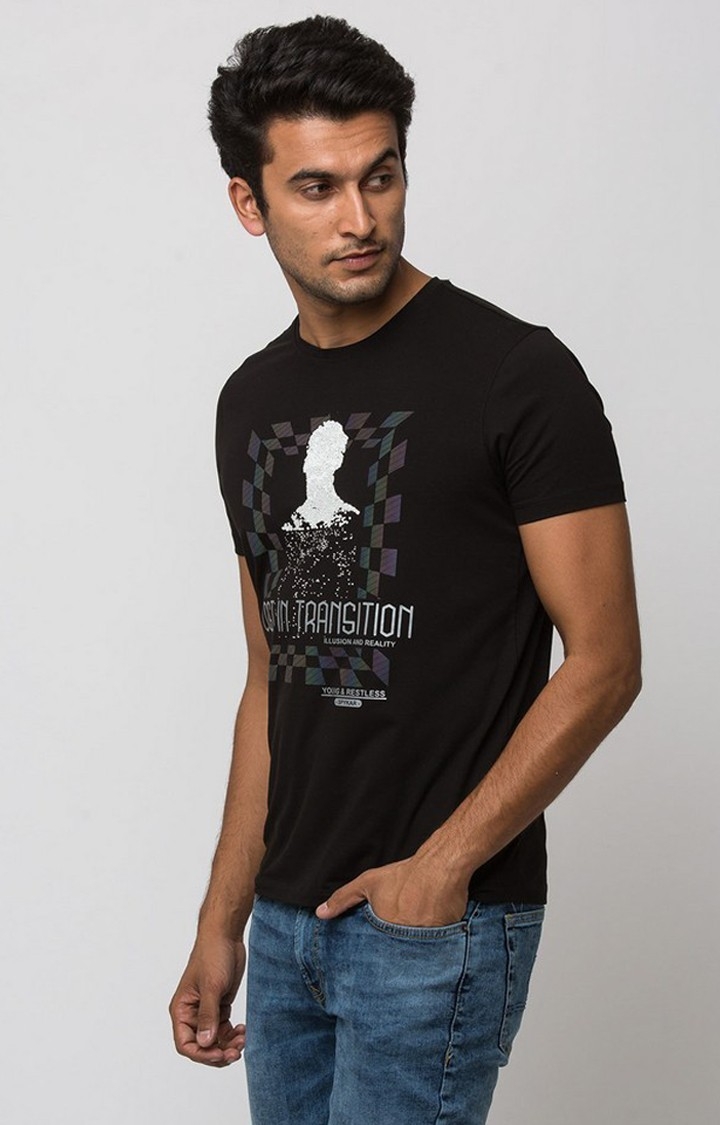 Spykar Black Cotton Slim Fit T-Shirt For Men