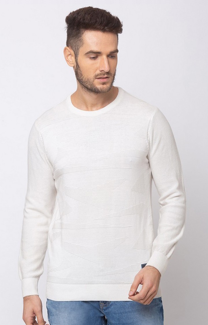 Spykar | Spykar Off White Solid Cotton Regular Fit Sweater