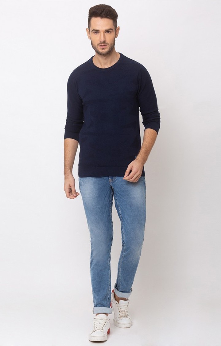 Spykar Blue Cotton Regular Fit Sweater For Men