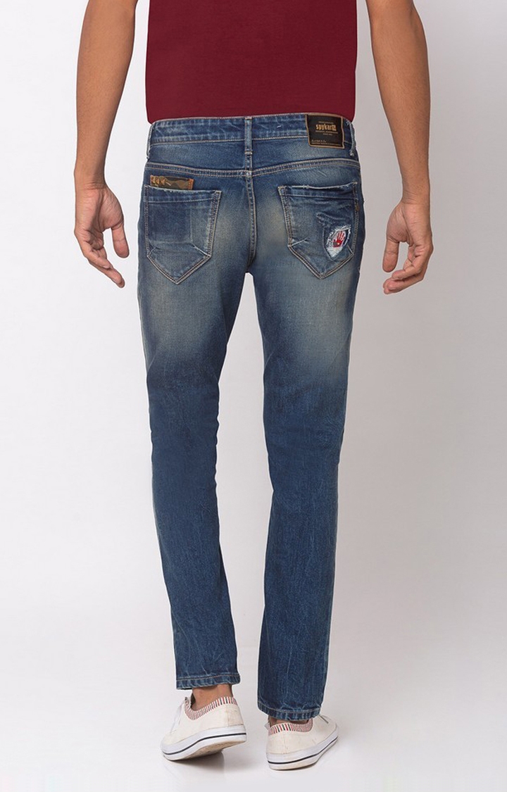Men's Blue Cotton Ripped Slim Jeans