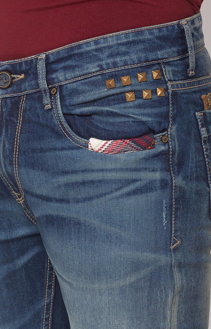 Men's Blue Cotton Ripped Slim Jeans