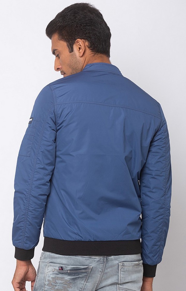 Spykar Blue Polyester Straight Fit Bomber Jackets For Men