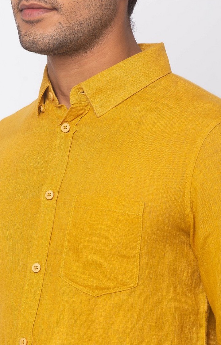 Men's Yellow Linen Solid Casual Shirts