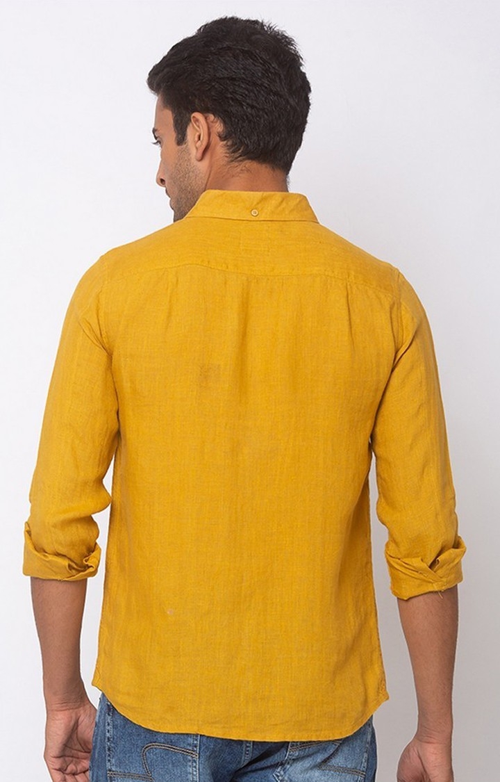 Men's Yellow Linen Solid Casual Shirts