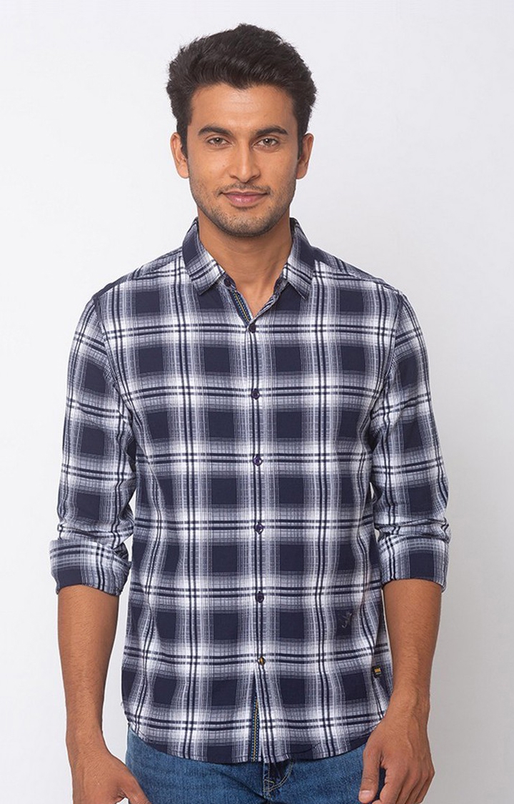 Men's Blue Cotton Checked Casual Shirts