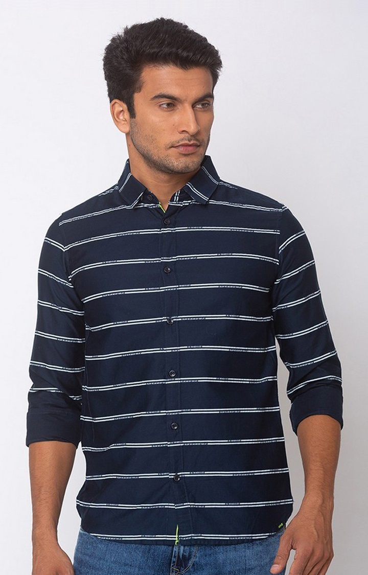 Men's Blue Satin Striped Casual Shirts