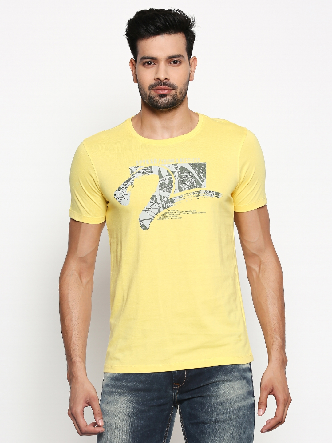 Spykar | Spykar Yellow Cotton Slim Fit Printed Casual T-shirt