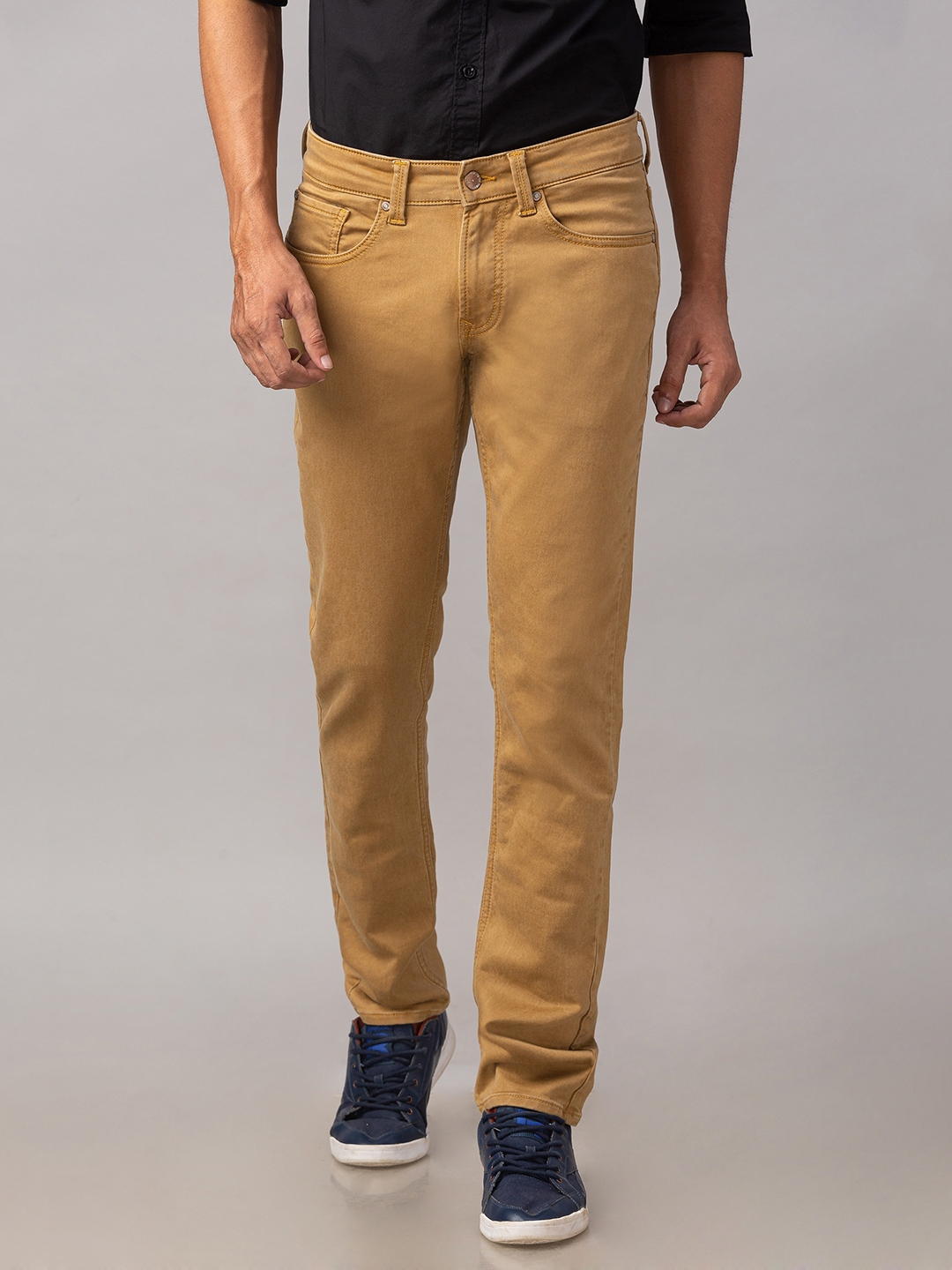 Men's Yellow Cotton Solid Straight Jeans