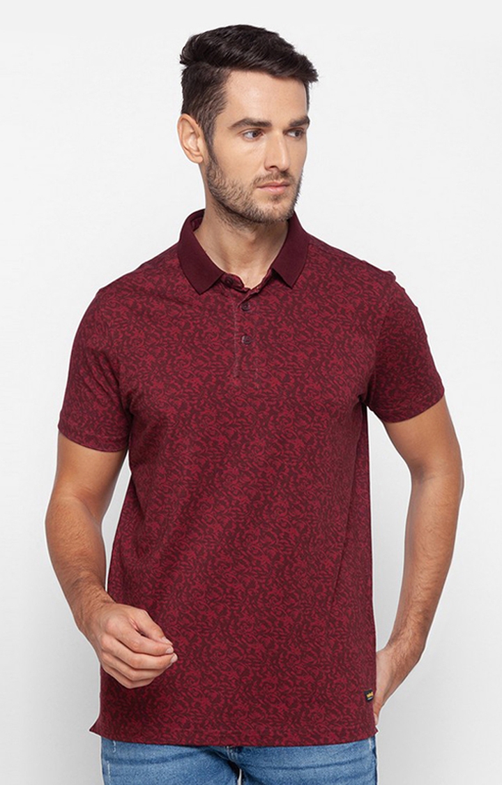 Spykar | Spykar Red Cotton Slim Fit Polo T-Shirt For Men