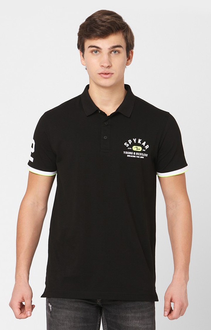 Spykar Black Cotton Slim Fit Polos T-Shirts