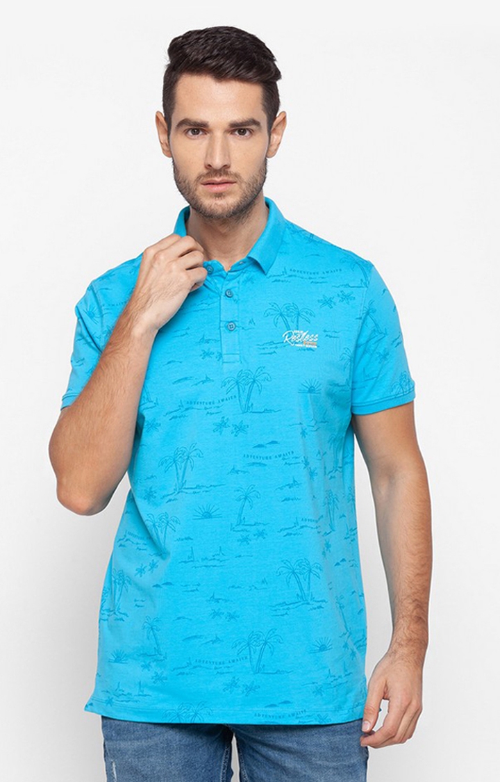 Spykar Blue Cotton Slim Fit Polo T-Shirt For Men