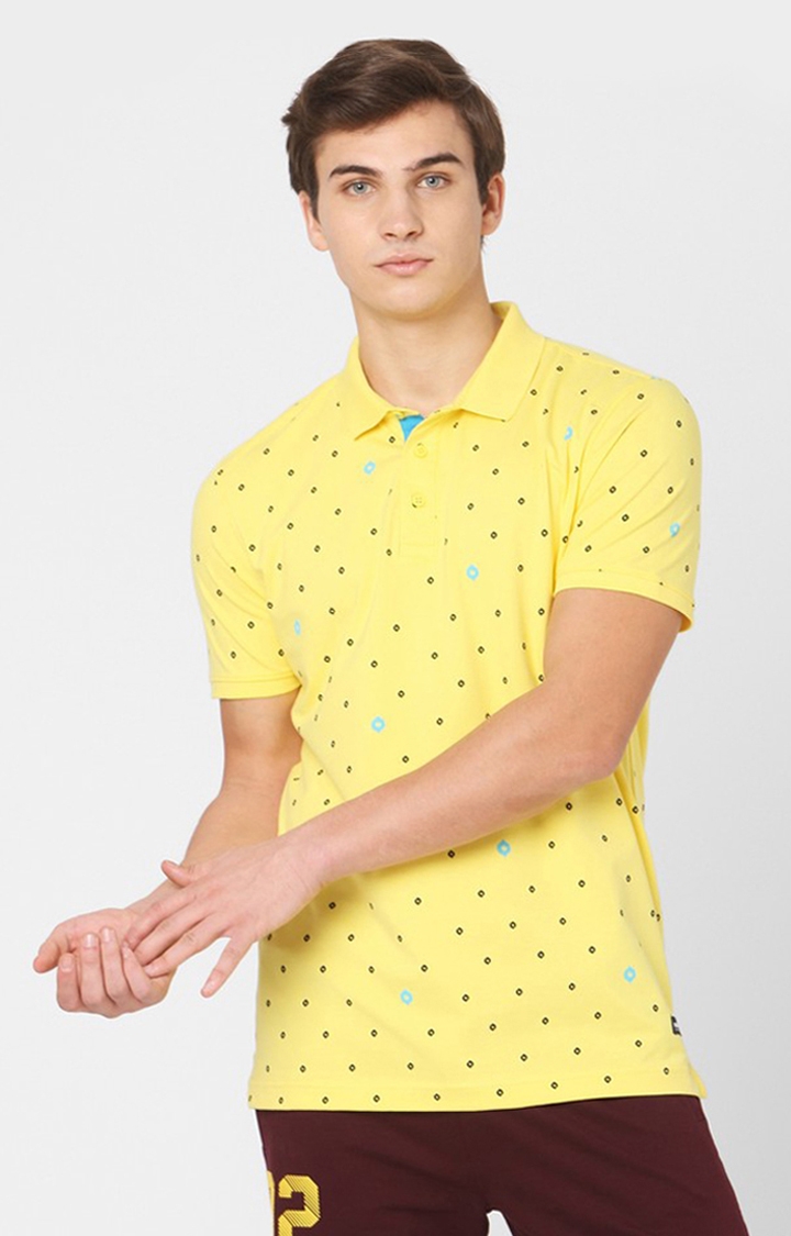 Spykar Yellow Cotton Slim Fit Polo T-Shirts