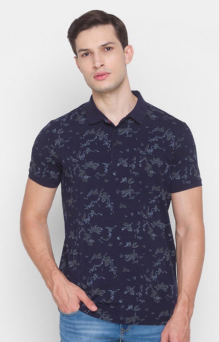 Spykar Blue Cotton Slim Fit Polo T-Shirt For Men