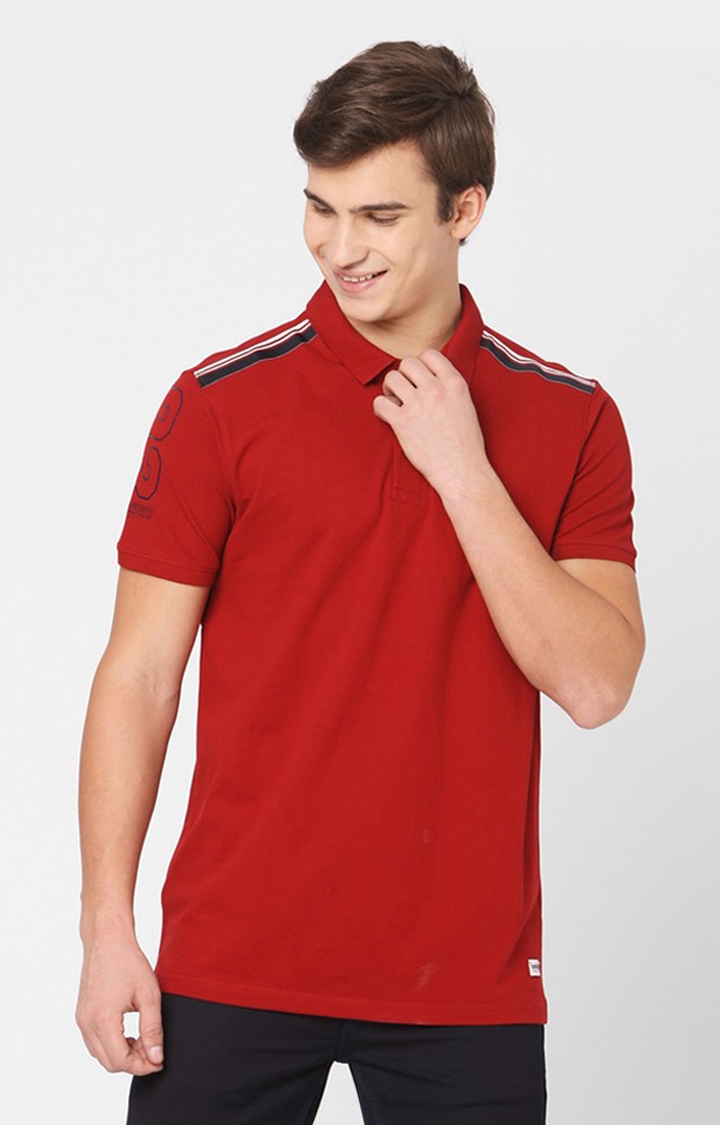Spykar Red Cotton Slim Fit Polo T-Shirt For Men