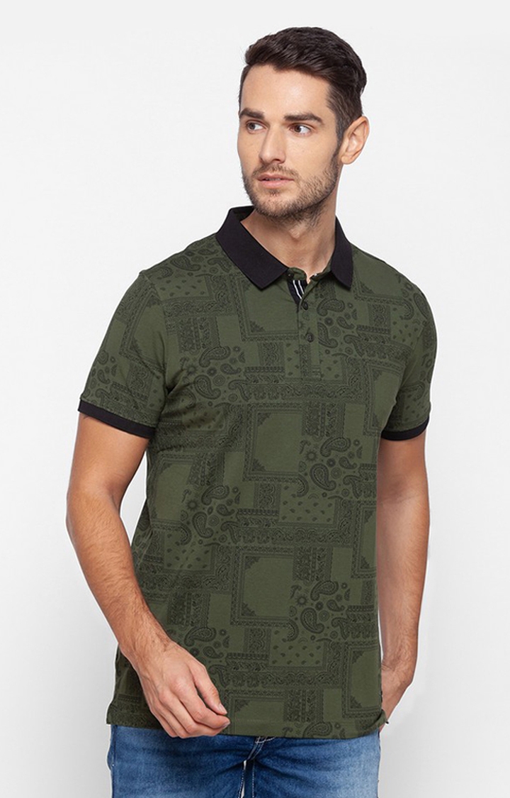 Spykar Green Cotton Slim Fit Polo T-Shirt For Men
