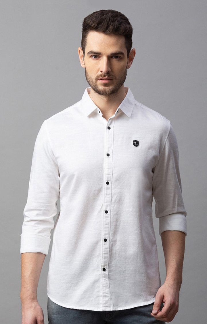 Men's White Cotton Solid Casual Shirts