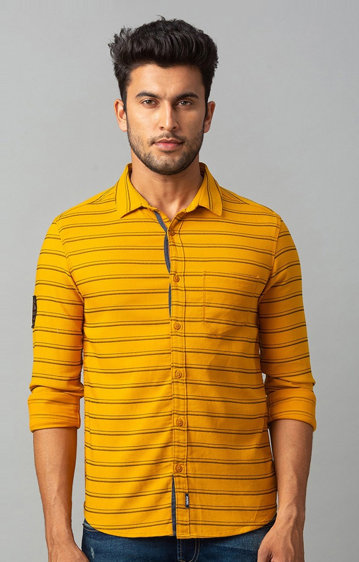 Men's Yellow Cotton Striped Casual Shirts