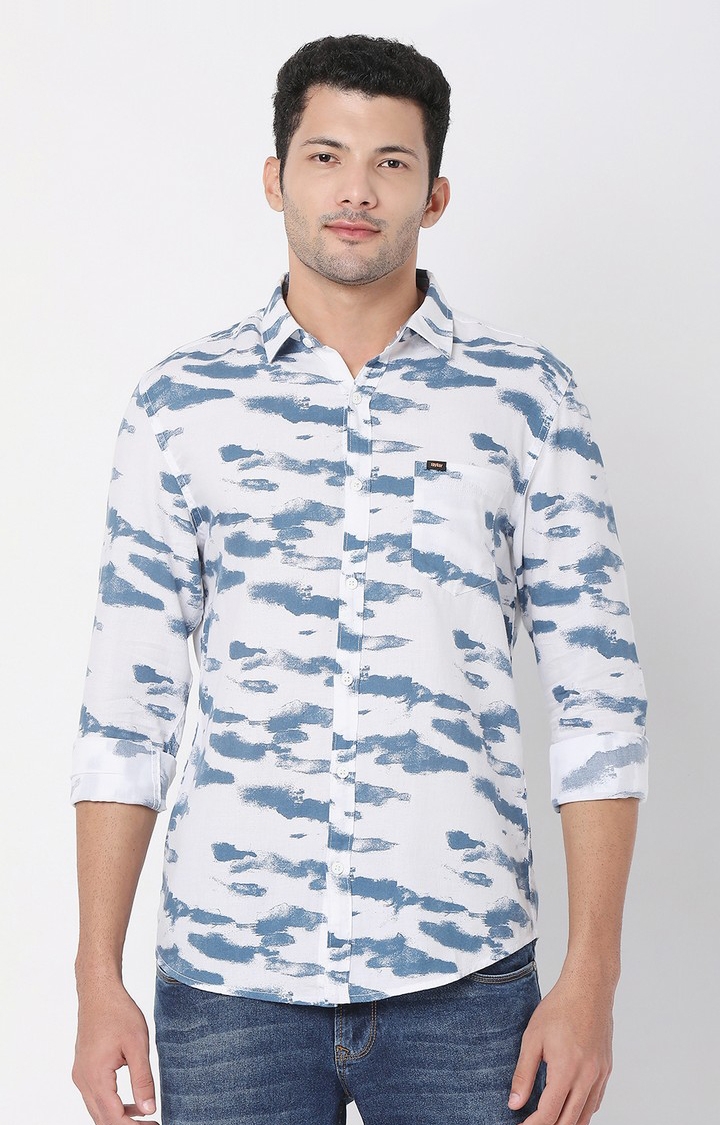 Men's White Cotton Blend Printed Casual Shirts