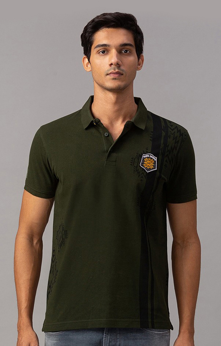 Spykar Green Cotton Slim Fit Polo T-Shirt For Men