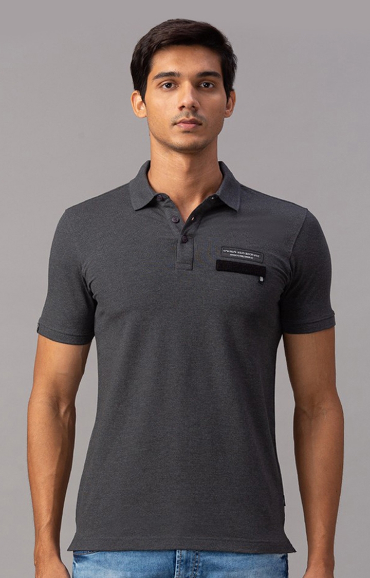 Spykar Grey Cotton Slim Fit Polo T-Shirt