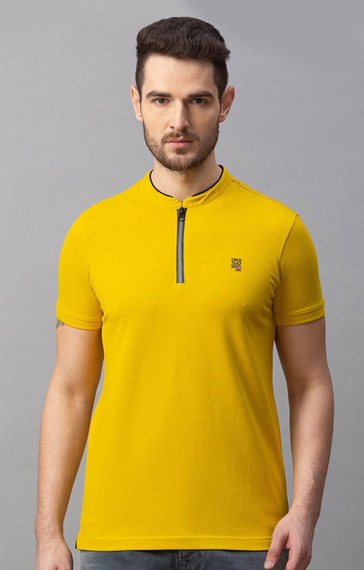 Spykar Yellow Cotton Slim Fit T-Shirt For Men