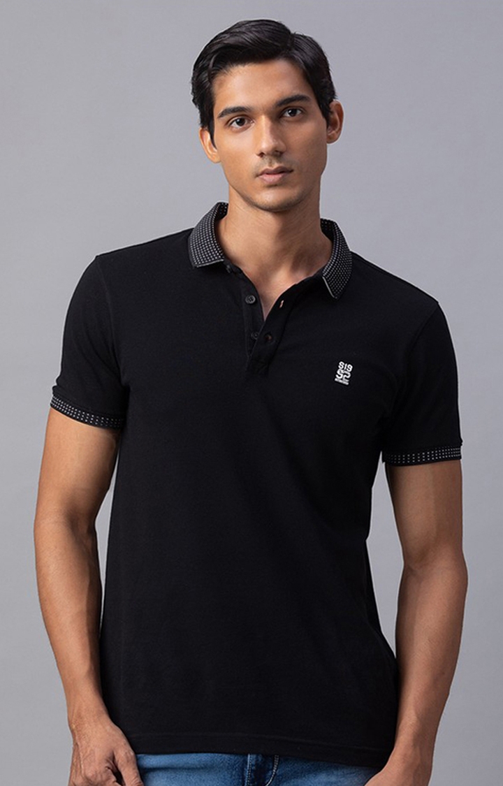 Spykar Black Cotton Slim Fit T-Shirt Polos For Men
