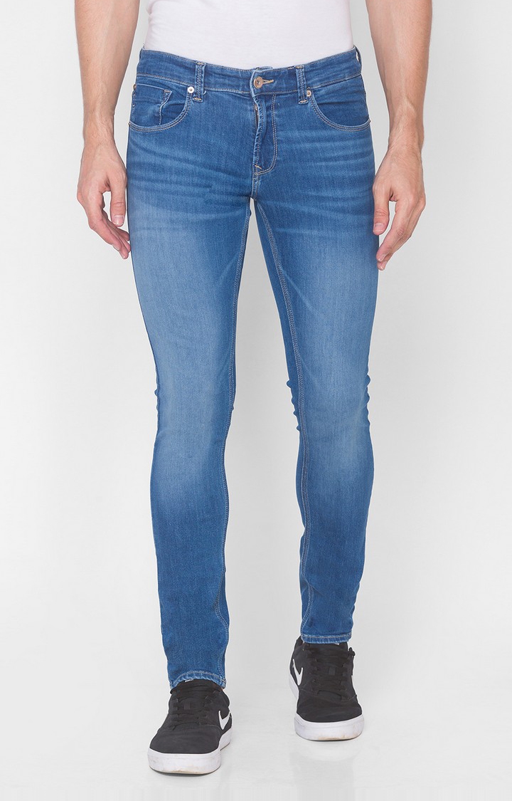Spykar Blue Cotton Skinny Fit Ankle length Jeans For Men