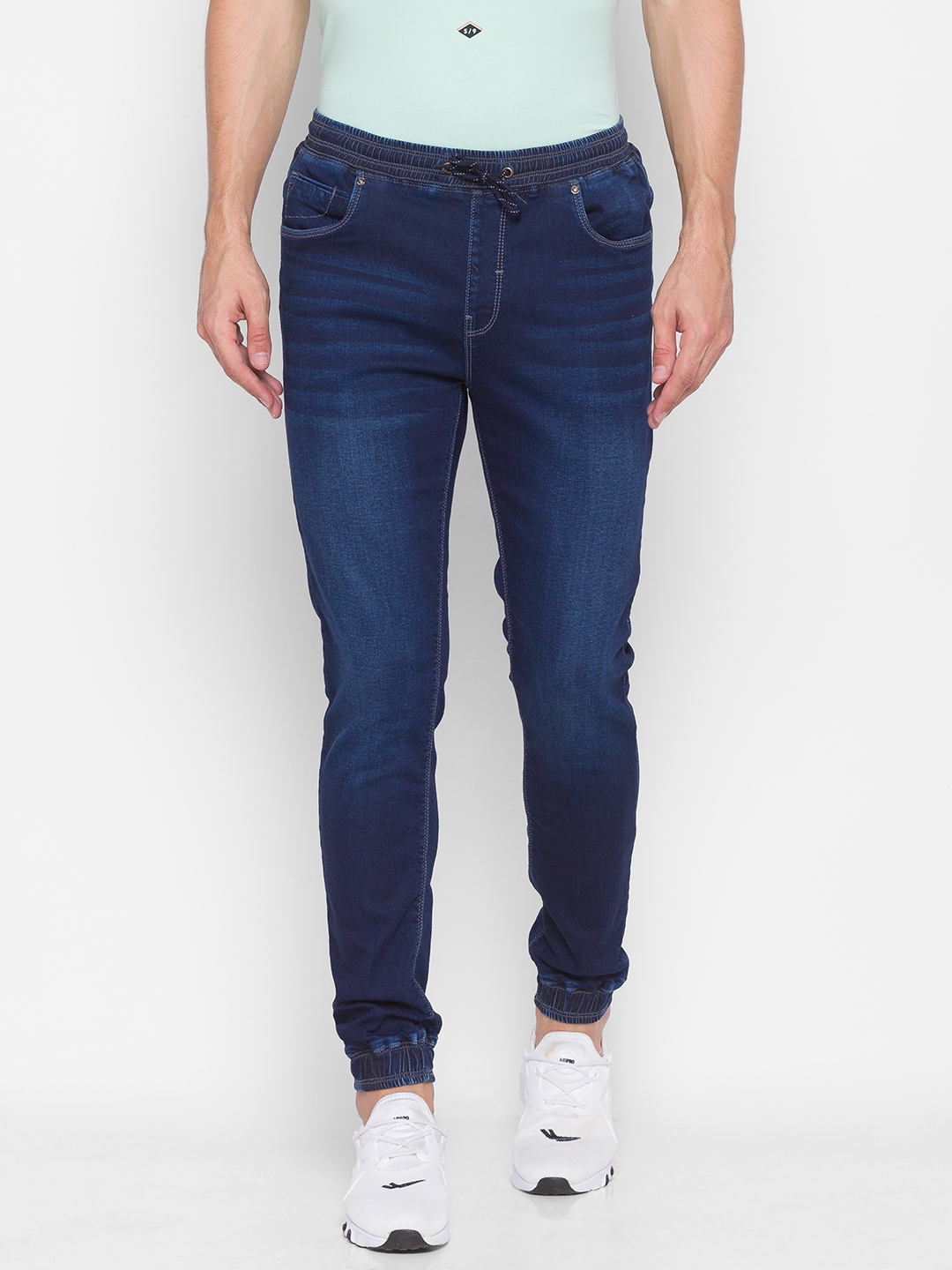 Spykar Blue Cotton Slim Fit Ankle length Joggers Jeans For Men