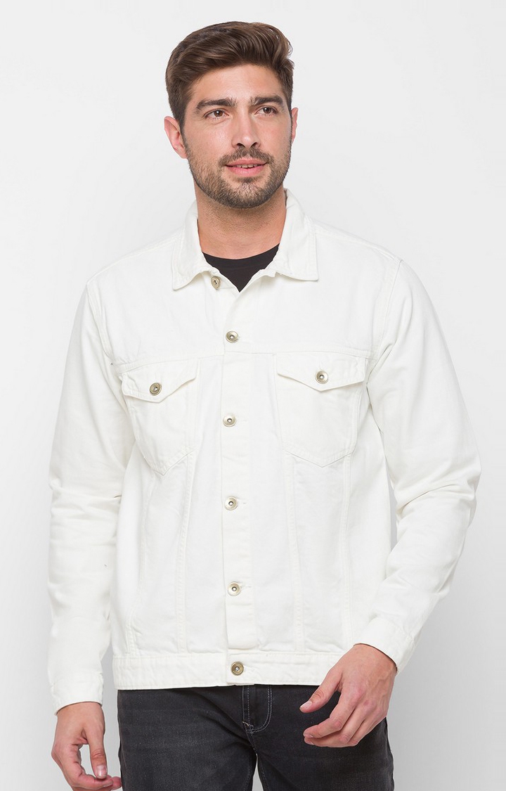 Spykar | Spykar White Cotton Regular Fit Denim Jackets For Men