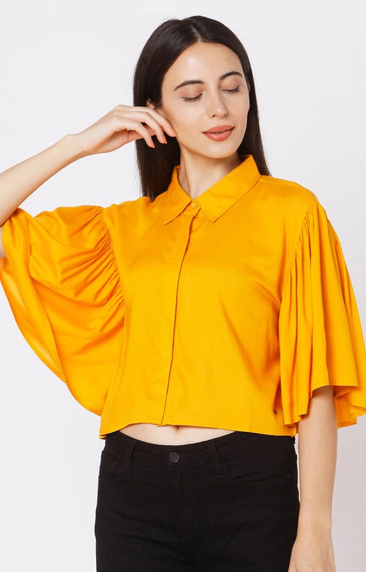 Women's Yellow Cotton Solid Casual Shirts