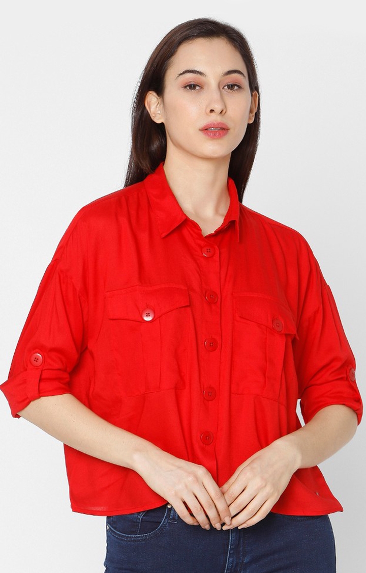 Women's Red Cotton Solid Casual Shirts