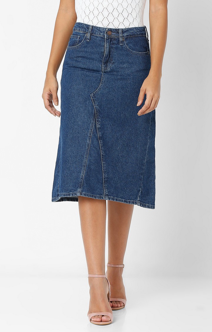 Women's Blue Cotton Solid Skirts