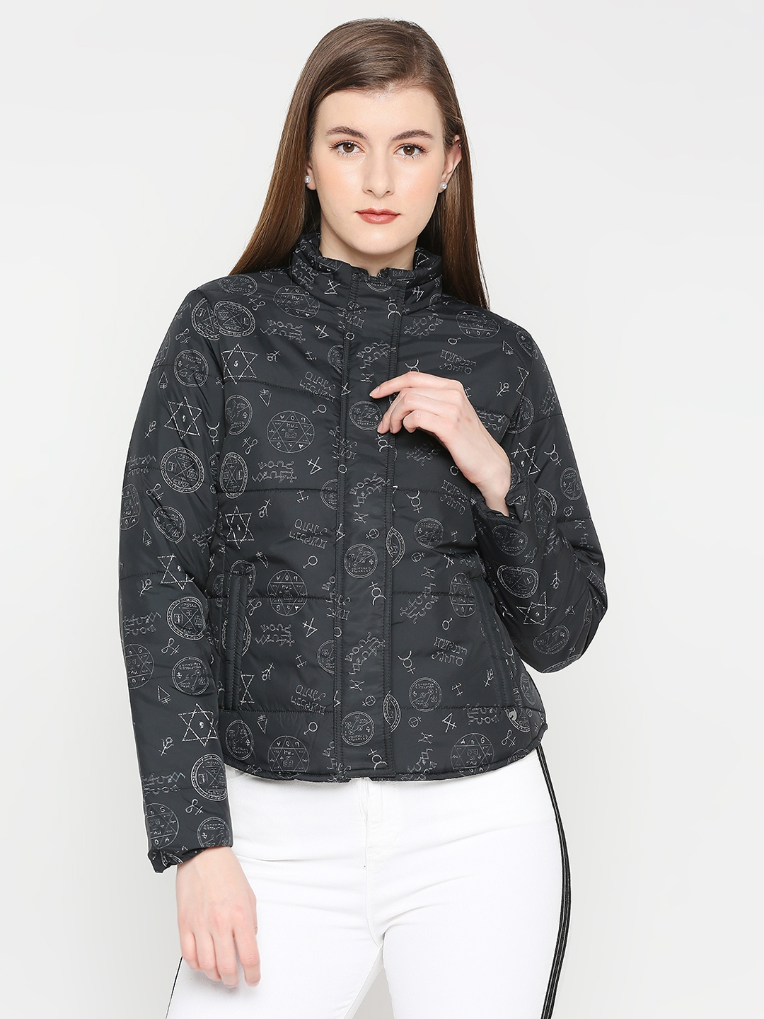 Spykar Women Black Nylon High Neck Printed Casual Jacket
