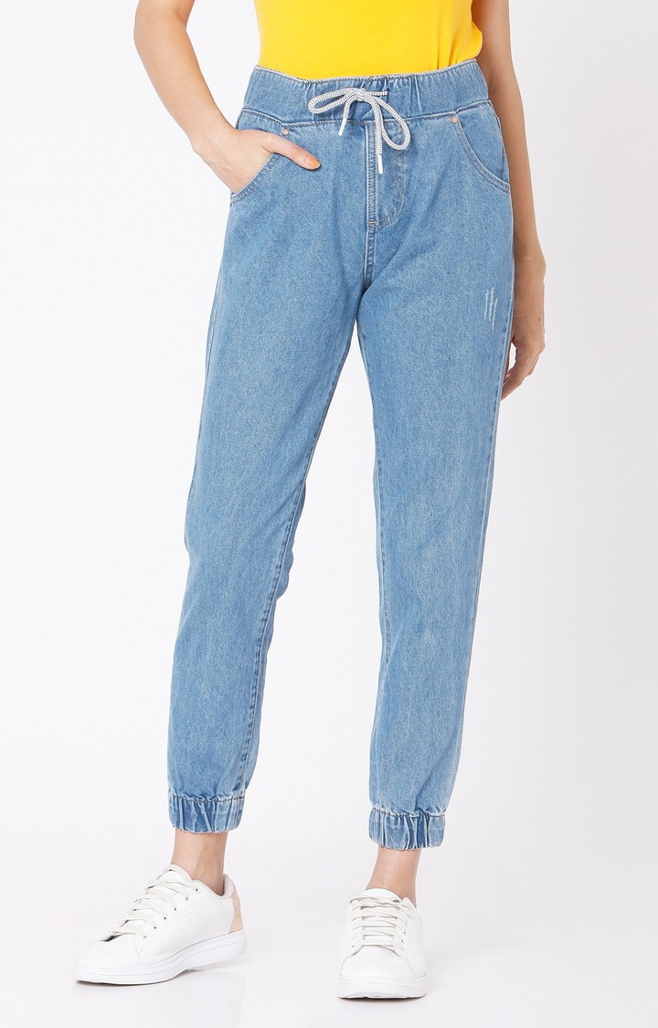 Spykar Blue Cotton Super Regular Fit Regular Length Joggers Jeans For Women
