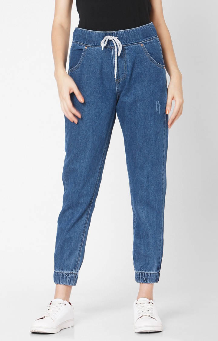 Spykar Blue Cotton Super Skinny Fit Regular Length Joggers Jeans For Women