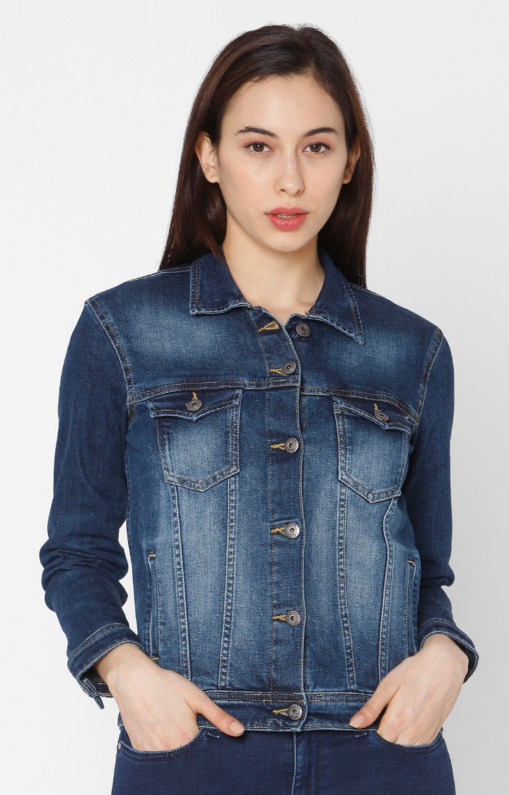 Spykar Blue Cotton Regular Fit Denim Jackets For Women