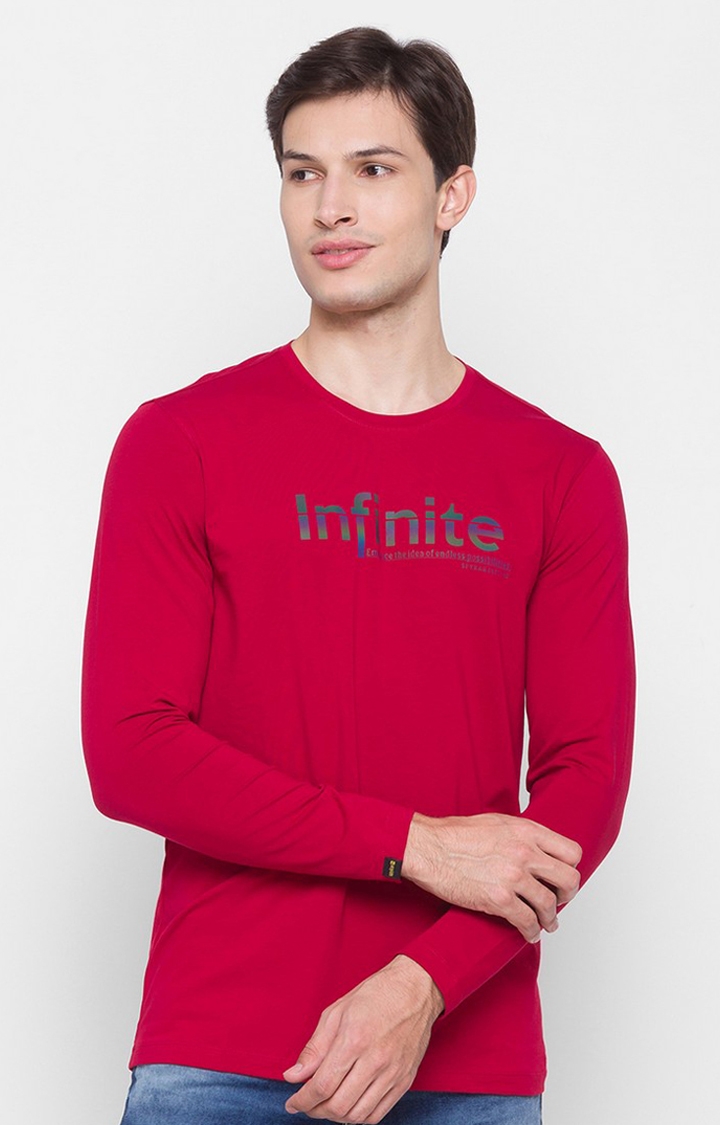 Spykar Red Cotton Slim Fit T-Shirt For Men