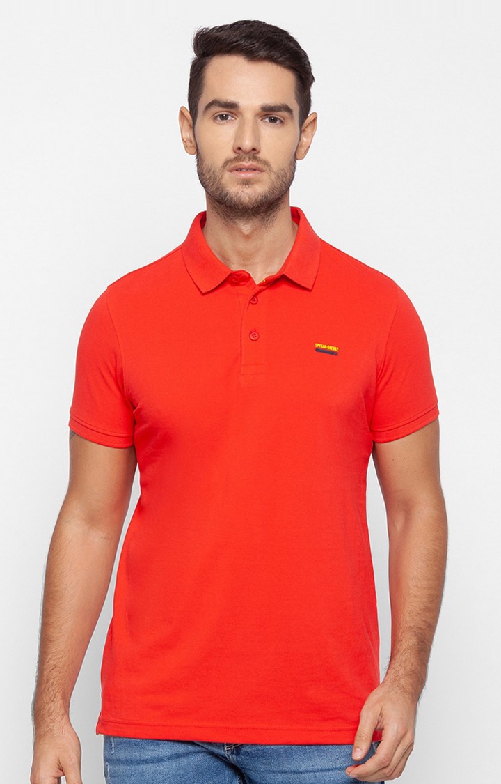 Spykar Orange Cotton Slim Fit Polo T-Shirt For Men
