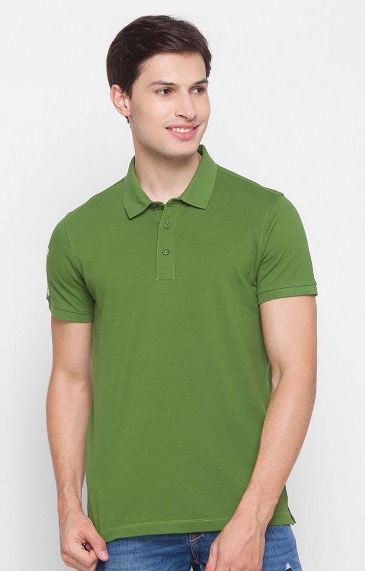 Spykar Green Cotton Men Polo T-Shirt