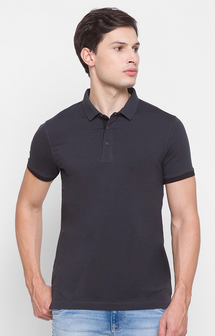 Spykar Grey Cotton Slim Fit Polo T-Shirt For Men