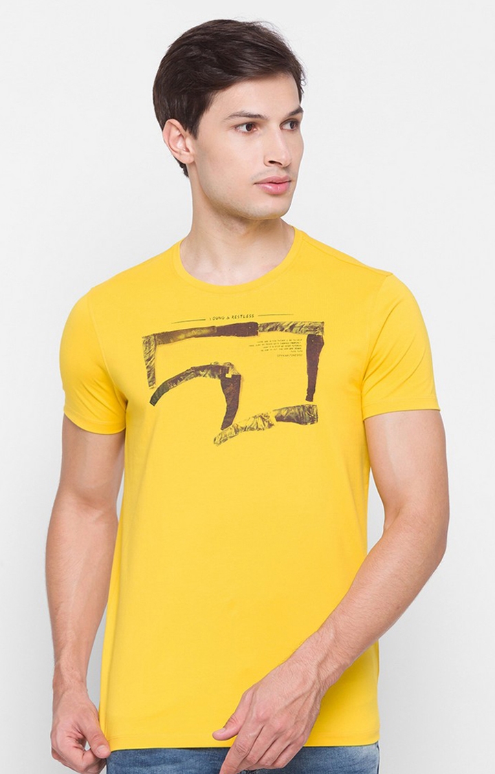 Spykar | Spykar Yellow Cotton Slim Fit T-Shirt For Men