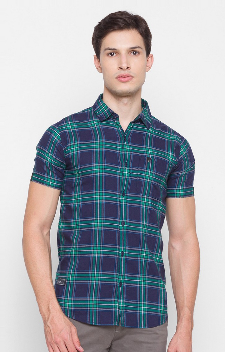 Men's Green Cotton Checked Casual Shirts